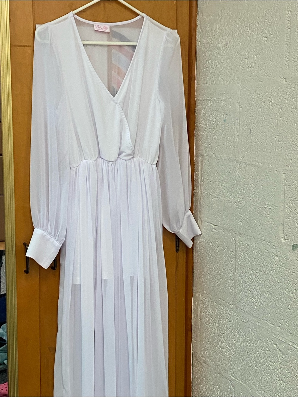 Pink Lily White Long Sleeve V-Neck Maxi Dress